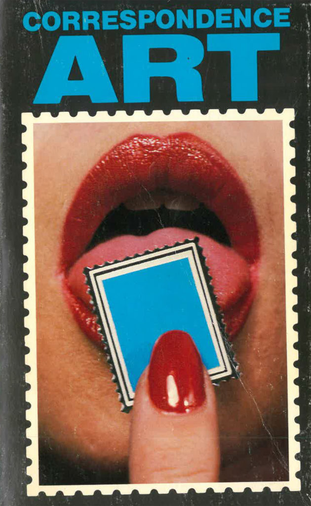 Book cover shows postage stamp of open sensuous mouth licking a postage stamp