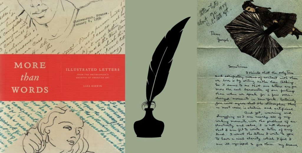 More than Words cover, quill pen in ink well, handwritten letter with large drawning at top