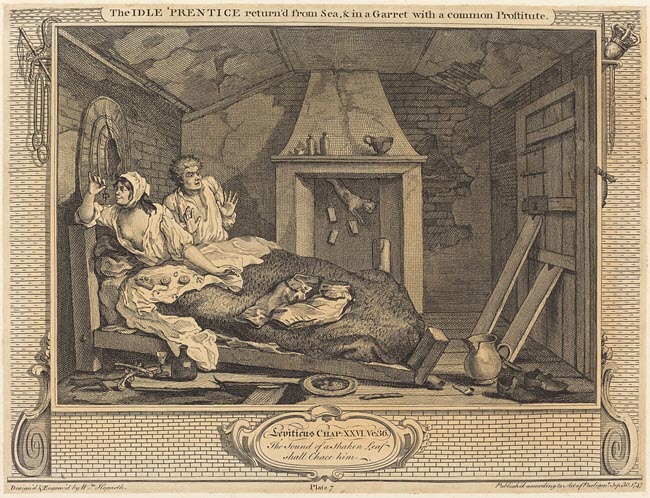 Hogarth engraving of young man in bed with partially clothed woman