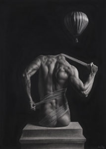 Graphite drawing of headless nude figure seen from behind. A hot air baloon floats above.