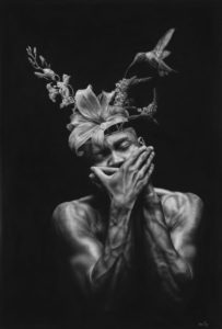 Graphite drawing of a black man shown from mid-chest up. His arms are crossed and he covers his lower face with his hands. Flowers and plants grow from the top of his head.