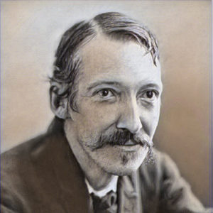 Portrait of Robert Louis Stevenson. He smiles gnetly, his eyes hsow light amusement.