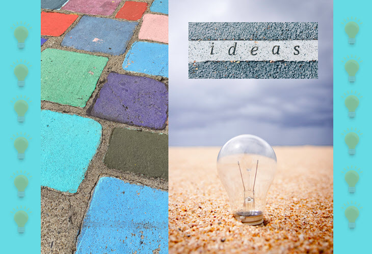 Collage of multicolored sidewalk bricks, a lightbulb in sand, the word Ideas in grey stone, & emoji-like images of lightbulbs
