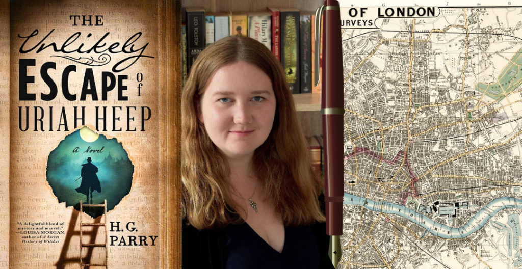 Cover of The Unlikely Escape of Urish Heep, author photo of  H.G. Parry, Map of London, fountain pen