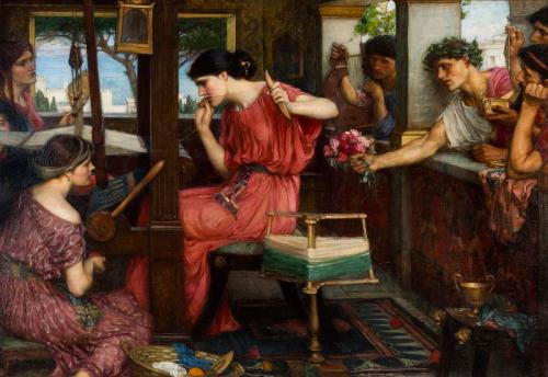 WOman weaving cloth on loom surrounded by suitors