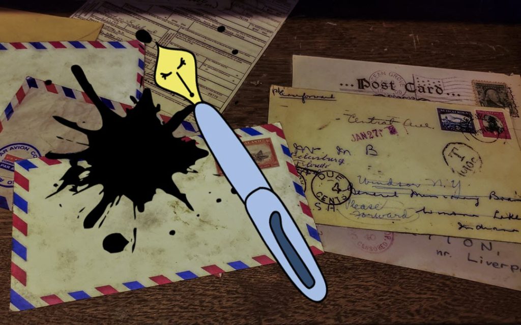 Cartoon of angry fountain pen superimposed over old stamped envelopes