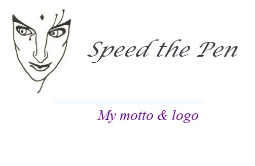 Black line drawing of androgynous face the words Speed the Pen my motto and logo