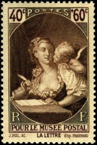 Vintage French postage stamp shows  woman about to write letter with quill pen as small Cupid looks over her shoulder