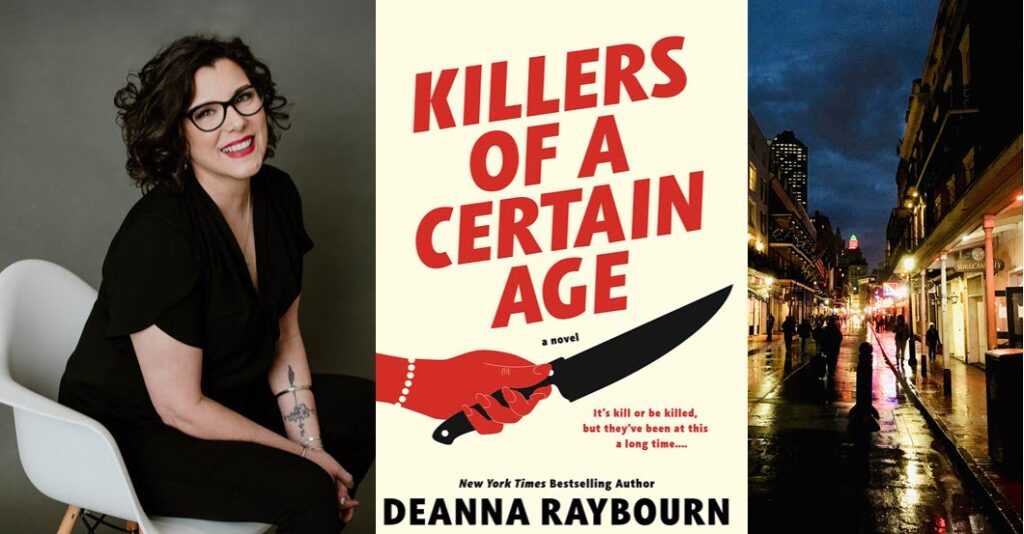 L: Author portrait of Deanna Raybourn; C: Cover of Killers of a Certain Age; R: Bourbon Street, New Orleans