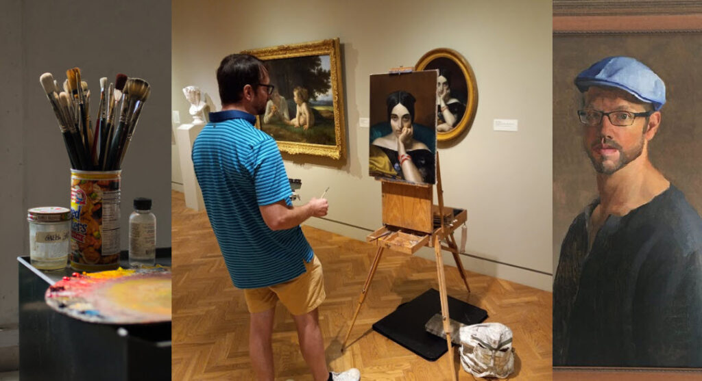 Left: paintbrushes in tin can; center: artist schweiger at work on painting; right: self portrait of Schweiger