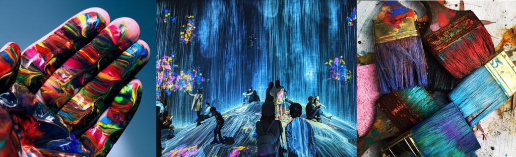 Left: human hand with drippings of paint-colored paints. Center: people dancing on a stage illuminated in shades of blue. Right: Wide paint brushes with several different colors of paint on them