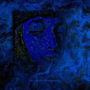 Close-up of the face from “The Green Masque” by Oswald Birley (1922) superimposed over a swirling blue background. There was no AI used in creating this slide.