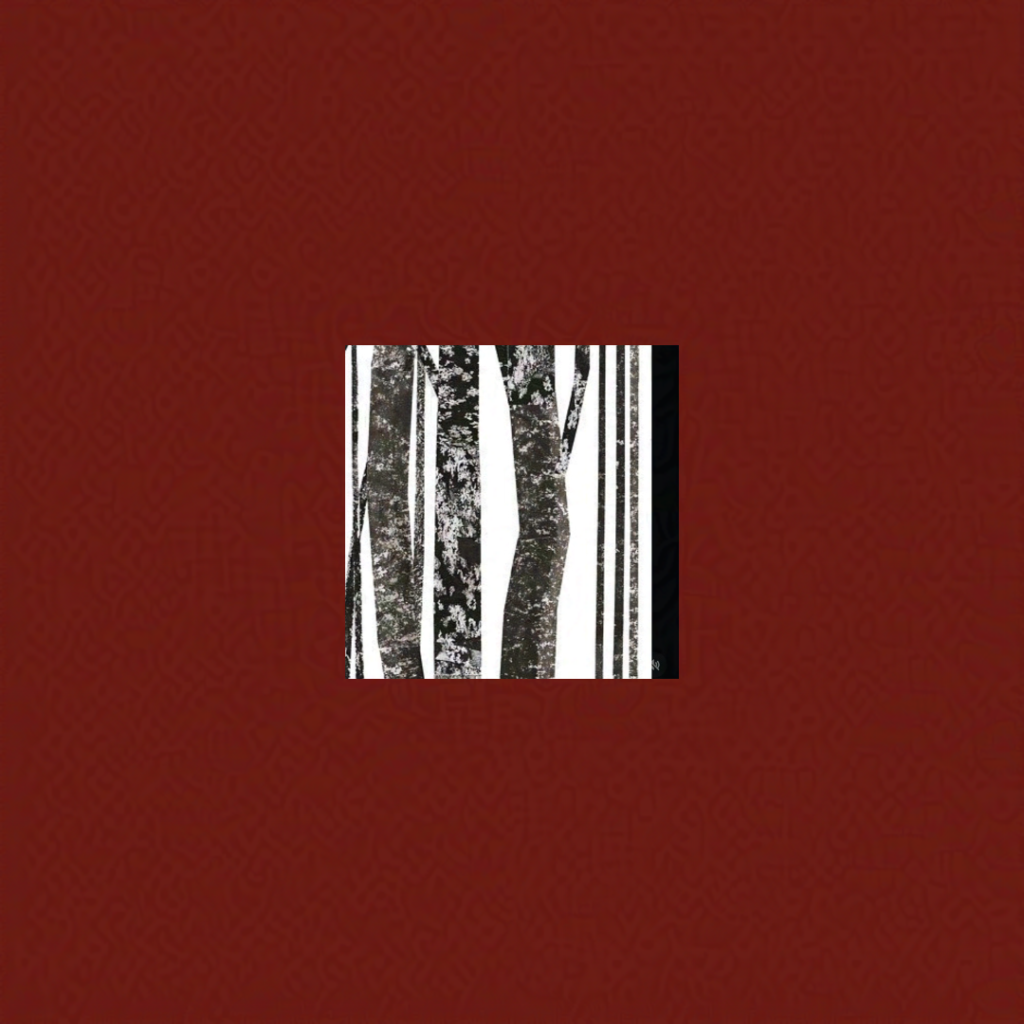 Dark red square with smaller square at center showing black and white ink-drawn tree trunks