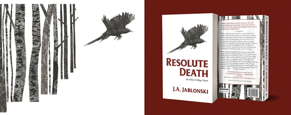 Left: view of wax resit and ink drawing of a raven flying from a copse of trees. Right: Front & back cover of book titled Resolute Death using the imagery of the left artwork.