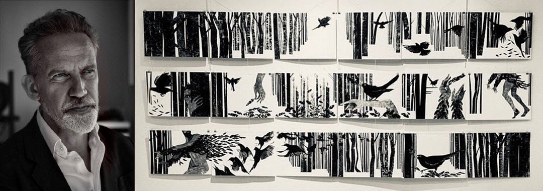 Left: Black and white formal portrait of Stephen Richards. Right: Leporello art work titled The Book of Icarus