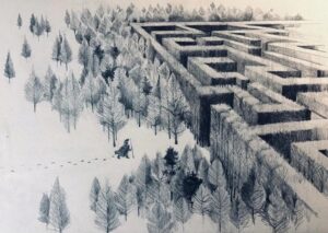 Small figure of Theseus approaching the Minotaur's maze.