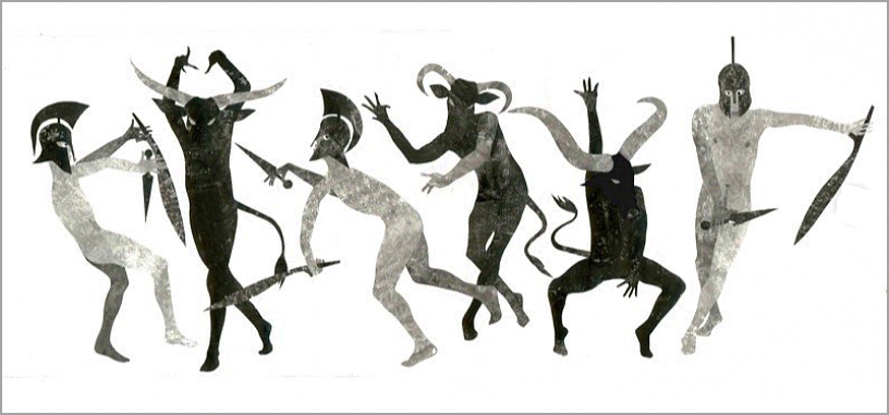 Wax resist and ink depiction of 3 pairs of Theseus and the Minotaur dancing together flamenco style.