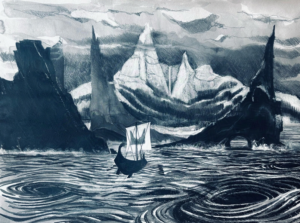 Mixed media drawing of the ship of Theseus approaching a rise of icebergs.