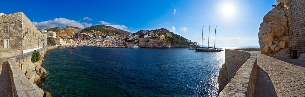 Coastal view of a traditional settlement on the island of Hydra, Greece.